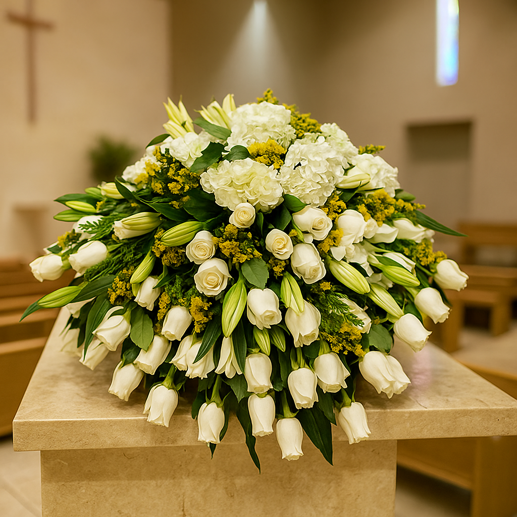 Sereno Descanso: Ofrenda de Rosas Blancas y Lirios
