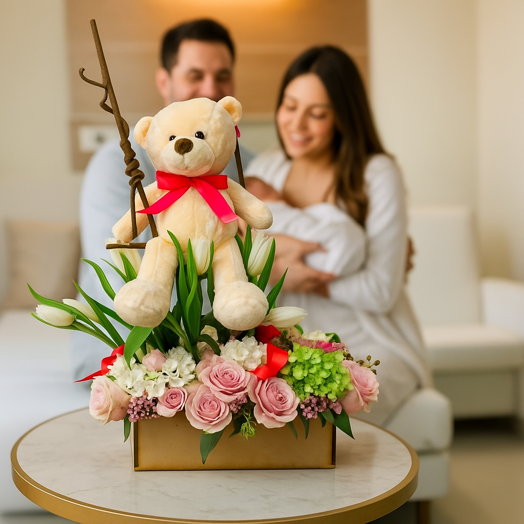 Nacimiento - Bienvenida de Oso en Columpio de Rosas y Tulipanes