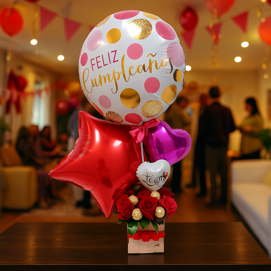 Cumpleaños - Madera Bio con Globos y Rosas