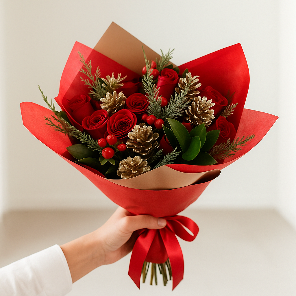 Bouquet Navideño de Rosas Rojas – Edición 12 o 24 Rosas