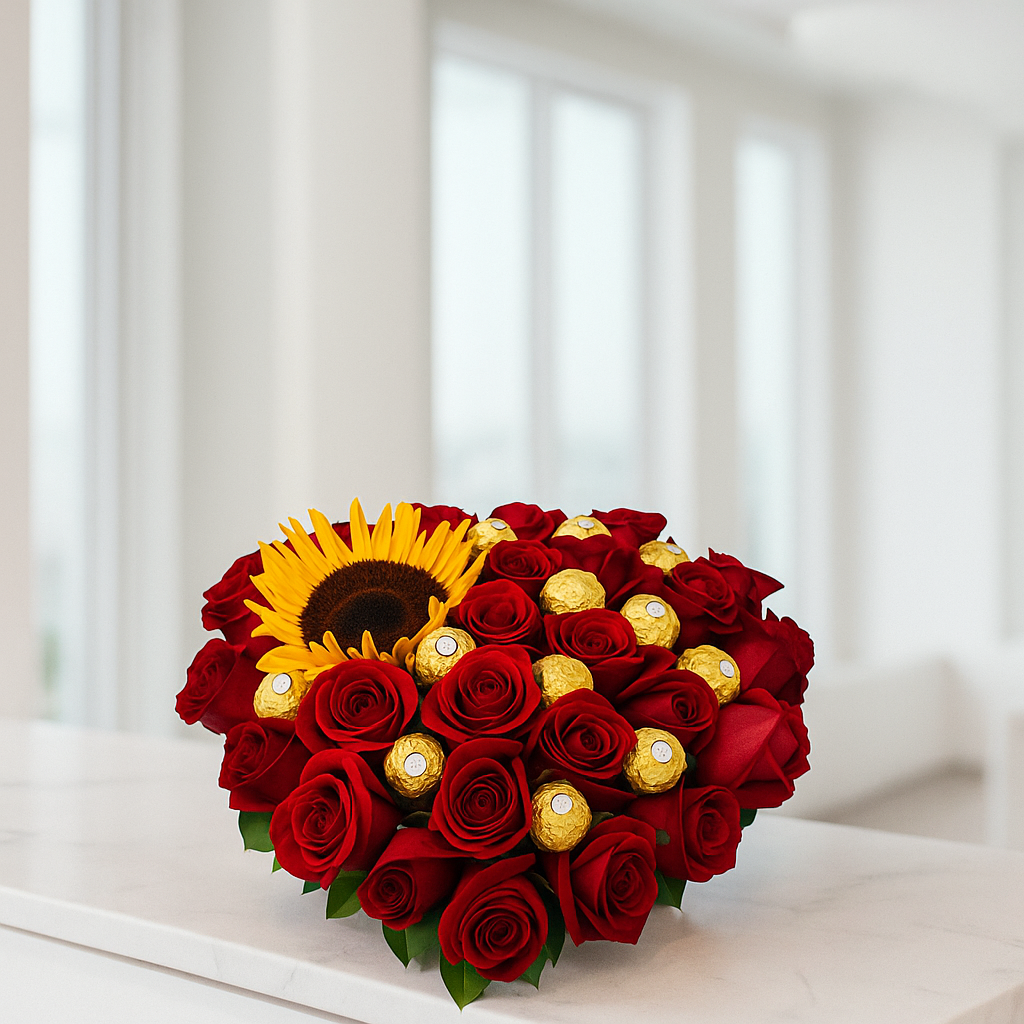 Brillo de Amor (Rosas, Girasol y Chocolates Ferrero)
