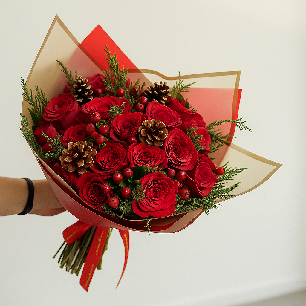 Bouquet Navideño de Rosas Rojas – Edición 12 o 24 Rosas