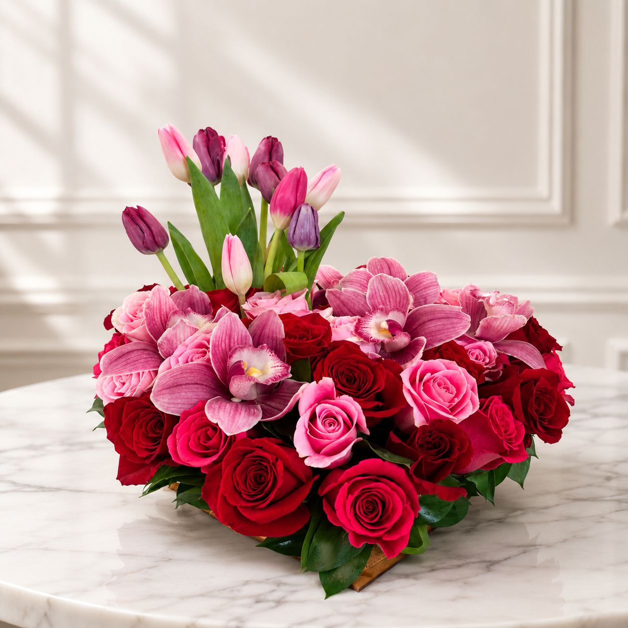 Corazón Grande Tulipanes, Rosas y Orquídeas