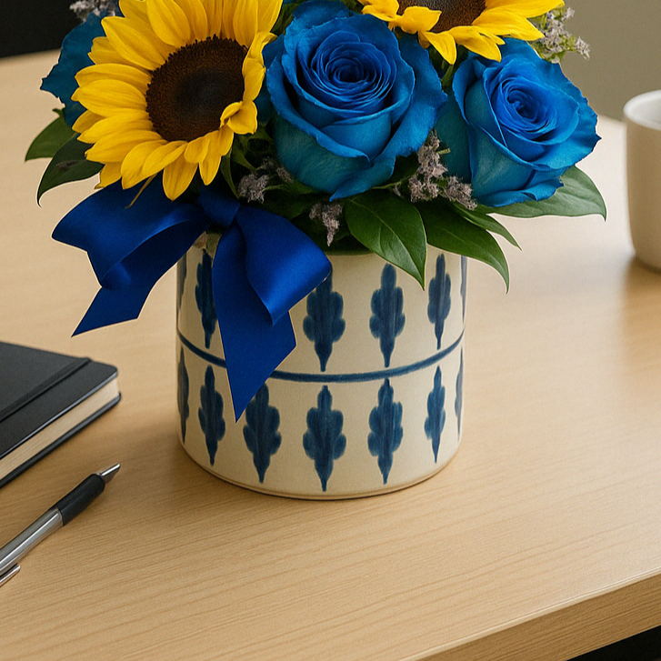 Azul Dorado – Arreglo Floral con Girasoles y Rosas Azules