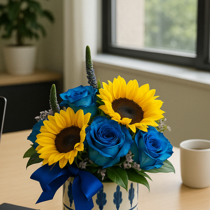 Azul Dorado – Arreglo Floral con Girasoles y Rosas Azules