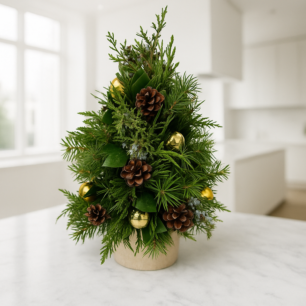 Árbol Navideño de Pino Natural 12” – Conos & Esferas Doradas