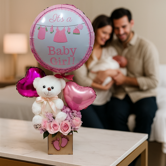 Nacimiento - Bienvenida Baby Girl con Oso y Globos (Niña)