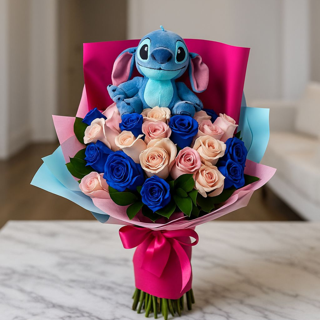 Bouquet de Girasoles y Rosas Rojas + Stich