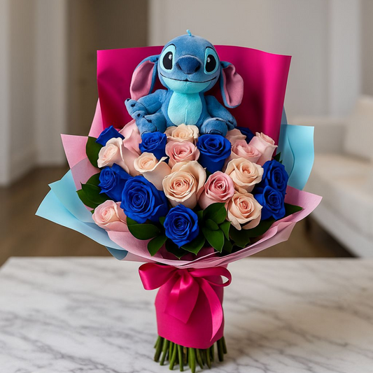 Bouquet de Girasoles y Rosas Rojas + Stich