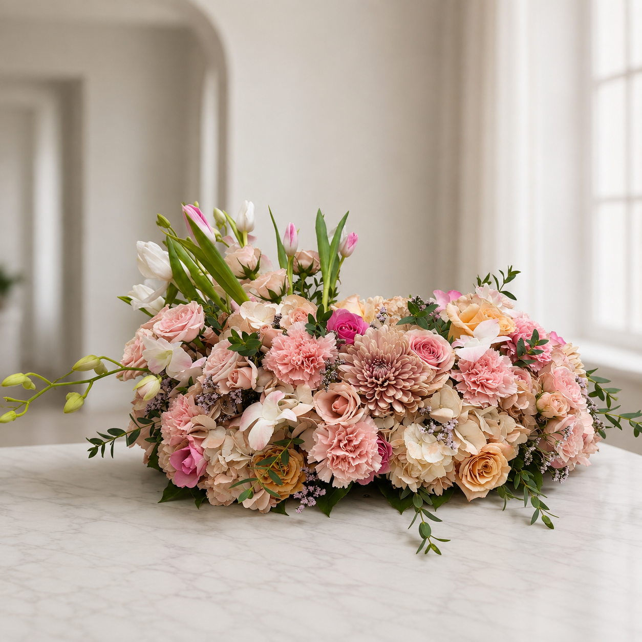 Corona Fúnebre Circular "Paz Eterna" – Hortensias, Rosas y Orquídeas en Tonos Pastel