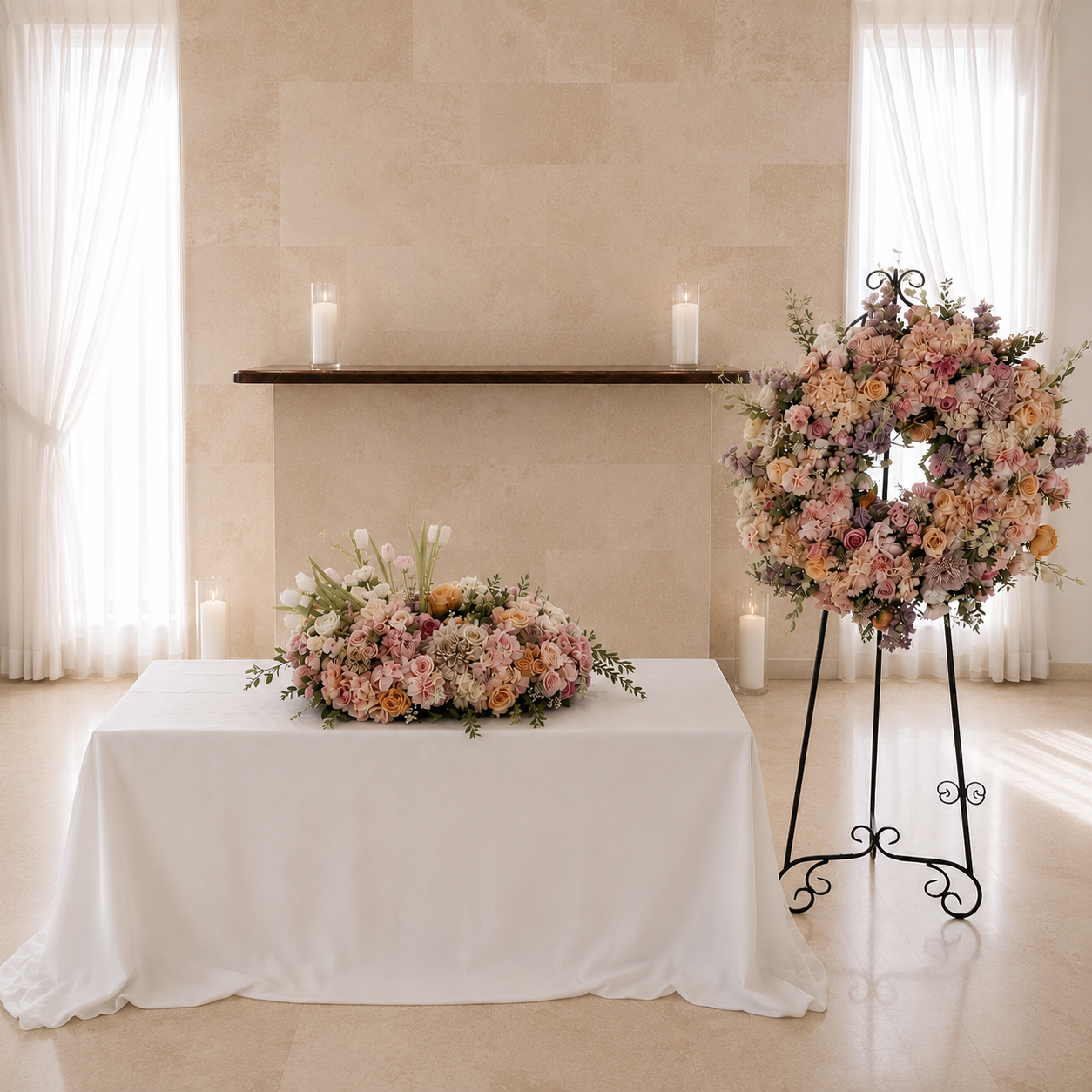 Corona Fúnebre Circular "Paz Eterna" – Hortensias, Rosas y Orquídeas en Tonos Pastel