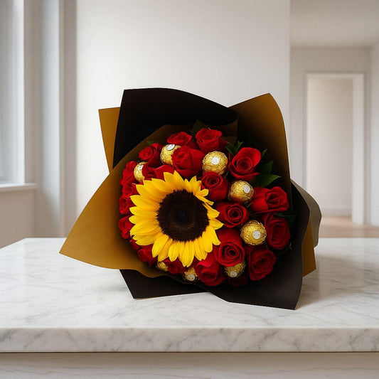 Bouquet Dulce Sol - Girasol, Rosas Rojas y Chocolates