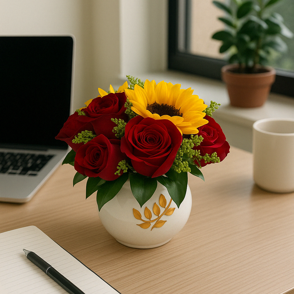 Sol y Pasión – Centro de Mesa con Girasoles y Rosas Rojas