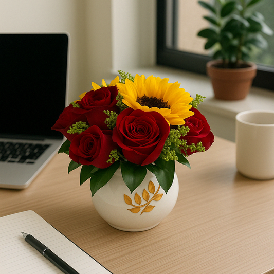 Sol y Pasión – Centro de Mesa con Girasoles y Rosas Rojas