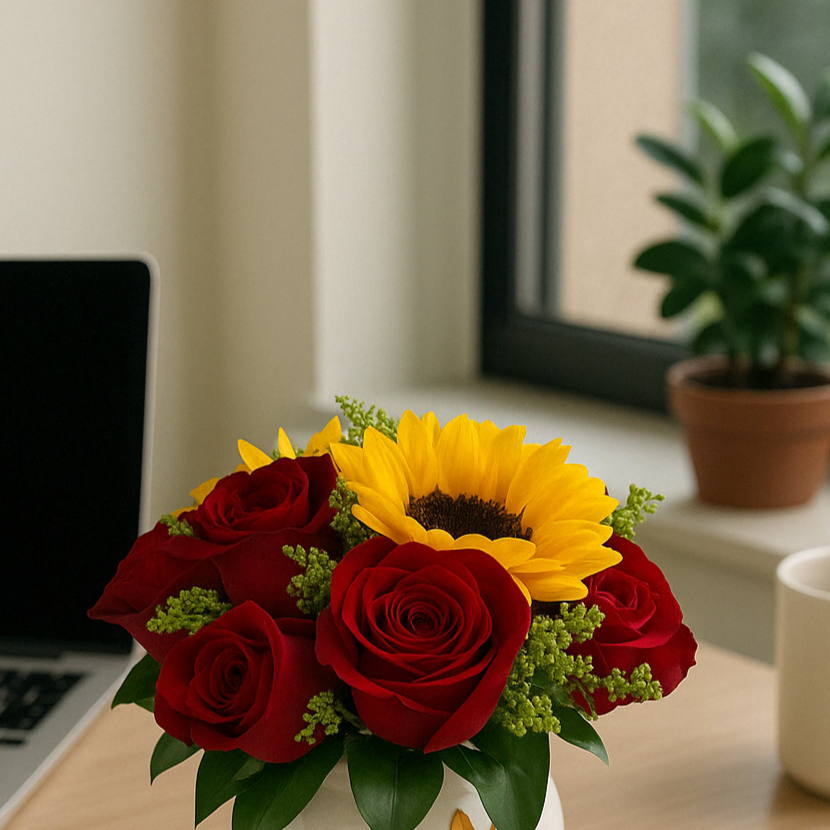 Sol y Pasión – Centro de Mesa con Girasoles y Rosas Rojas